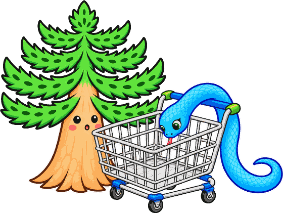 Pehuén y Vilu con un carro de compras vacío